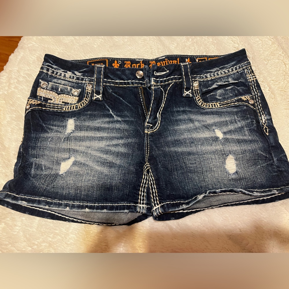 Rock Revival Blue Denim Shorts with Orange Accents